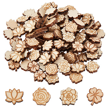 120Pcs 4 Styles Laser Engraved Wood Beads, Dyed, Flower Rose, Saddle Brown, 12x12x3mm, 30pcs/style