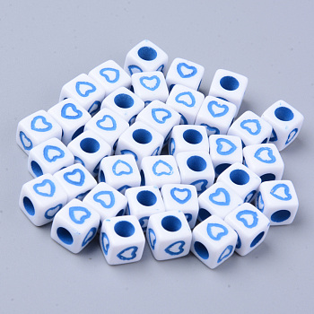 Opaque White Acrylic European Beads, Large Hole Beads, Cube with Heart, Cornflower Blue, 7x7x7mm, Hole: 4mm, about 1900~2000pcs/500g