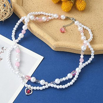 Alloy Heart Pendant Necklace, ABS Plastic Imitation Pearl & Natural Rose Quartz Beaded Chains Exquisite Necklace for Women, Seashell Color, 18.50 inch(47cm)