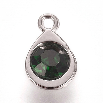 Faceted Glass Charms, with Platinum Plated Alloy Findings, Teardrop, May Birthstone Charms, Emerald, 11.3x7.2x4.2mm, Hole: 1.2mm