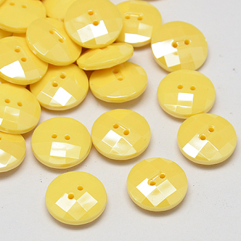 Taiwan Acrylic Buttons, Pearl Luster, Faceted, 2-Hole, Flat Round, Lemon Chiffon, 10x4mm, Hole: 1mm