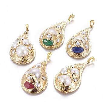 Brass Big Pendants, with Natural Cultured Freshwater Pearl and Gemstone Beads, teardrop, Golden, 53x30~31x13~15mm, Hole: 5x7mm