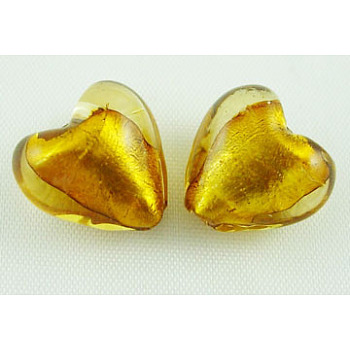 Handmade Silver Foil Glass Beads, Heart, Goldenrod, about 12mm in diameter, 8mm thick, hole: 1~2mm