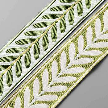 Polyester Ribbons, Jacquard Ribbon, Tyrolean Ribbon, Garment Accessories, Leaf Pattern, Lime Green, 2-3/8 inch(60mm), about 55.77 Yards(51m)/Roll