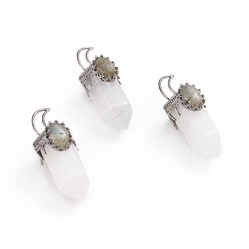 Natural Quartz Crystal Pointed Pendants, Rock Crystal, with Gunmetal Tone Brass Pendant Bails and Natural Labradorite, Bullet, 52~54x20x22~23mm, Hole: 8x5mm