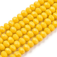 Opaque Solid Color Glass Beads Strands, Faceted, Rondelle, Gold, 4x3mm, Hole: 0.4mm, about 123~127pcs/strand, 16.5~16.9 inch(42~43cm)(EGLA-A034-P4mm-D29)