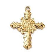 Ion Plating(IP) 304 Stainless Steel Pendants, Cross with Rose Charm, Real 18K Gold Plated, 35x25x2mm, Hole: 2.8mm(STAS-M323-51G)
