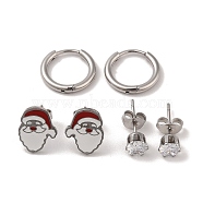 3 Pairs 3 Styles Christmas 304 Stainless Steel Hoop & Studs Earrings Set for Women, with Enamel & Cubic Zirconia, Stainless Steel Color, Santa Claus, 6~12x6~9.5mm, 1 pair/style(EJEW-K279-12B-P)