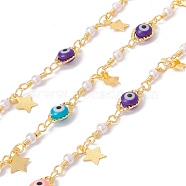 Handmade Eco-friendly Brass Star Charms Chain, with Glass Evil Eye & Imitation Pearl Beaded, Real 18K Gold Plated, Lead Free & Cadmium Free, Soldered, with Spool, Colorful, 10x6x4mm, 12x3mm(CHC-E025-01G)
