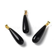 Natural Obsidian Teardrop Pendants, with Ion Plating(IP) Golden Plated Brass Findings, 26.5x7.5mm, Hole: 4.3x3.5mm(G-Q005-03G-01)