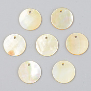 Natural Yellow Shell Charms, Flat Round, Light Khaki, 12.5x1mm, Hole: 1mm(SSHEL-R048-015)