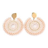 Woven Glass & Brass Beaded Flat Round Dangle Stud Earrings with Vacuum Plating 304 Stainless Steel Pins, PeachPuff, 55x51mm(EJEW-A105-01G)