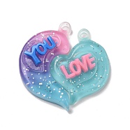 Gradient Color Translucent Resin Pendants, with Glitter Powder, Couple Heart Charm with Word LOVE YOU, Hot Pink, 39x38.5x5.5mm, Hole: 3.5mm, 2pcs/set(RESI-G048-01C)