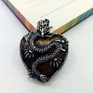 Natural Tiger Eye Heart Pendants, Antique Silver Plated Metal Dragon Wrapped Charms, 42x32x11mm(PW-WG82264-08)