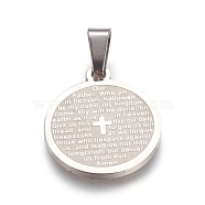 304 Stainless Steel Pendants, Flat Round with Lord's Prayer Cross, Stainless Steel Color, 21x18x1.5mm, Hole: 6x4mm(X-STAS-I131-10P)