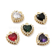 Brass Micro Pave Cubic Zirconia Charms, Cadmium Free & Lead Free, Golden, Heart, Mixed Color, 14x12x5mm, Hole: 1mm(KK-G414-13G)