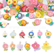 Pandahall 48Pcs 12 Styles Translucent Resin Pendants, Glitter Flower Charms, with Platinum Tone Iron Loops, Mixed Color, 18~23x13~17x6~8mm, Hole: 2mm, 4pcs/style(RESI-TA0001-93)