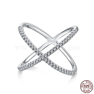 Rhodium Plated 925 Sterling Silver Micro Pave Clear Cubic Zirconia Finger Ring, Criss Cross Rings with 925 Stamp, Real Platinum Plated, 18mm, US Size 7(17.3mm)(RJEW-F150-05B-P)