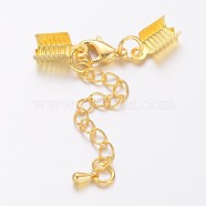 Chain Extender, with Golden Brass Clasp & Clip Ends, Lobster Claw Clasp and Cord Crimp, Nickel Free, Size: Clasp: 12x7.5x3mm, Cord Crimp: 5x13mm, Chain: 3.5x50mm long, Hole: 1.5mm(X-KK95-G)