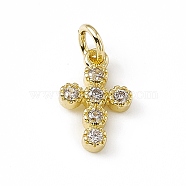 Brass Micro Pave Clear Cubic Zirconia Charms, with Open Jump Rings, Religion Cross, Real 18K Gold Plated, 12x7.5x2mm, Jump Ring: 4.5x0.7mm, Inner Diameter: 3mm (ZIRC-F132-63G)