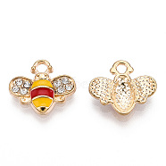 Golden Plated Alloy Enamel Charms, with Rhinestone, Bee Charm, Dark Red, 12.5x14.5x2.5mm, Hole: 1.8mm(ENAM-G212-18G-07)