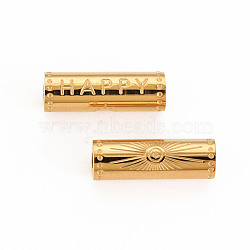 304 Stainless Steel Beads, Column with Word Happy, Real 14K Gold Plated, 15x5mm, Hole: 1.8mm(X-STAS-S116-291G)