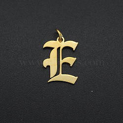 201 Stainless Steel Pendants, with Jump Ring, Old English, Letter, Laser Cut, Golden, Letter.E, 16x12x1mm, Hole: 3mm(A-STAS-R111-JA566-E)