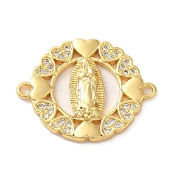 Religion Brass Pave Clear Cubic Zirconia Connector Charms, Virgin Mary Links, Real 16K Gold Plated, Flat Round, 19.5x24.5x3mm, Hole: 1.5mm(FIND-Z041-13C)