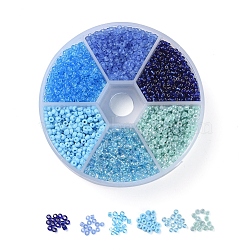 6 Colors 12/0 Glass Seed Beads, Silver Lined & Frosted Colors &  Transparent & Opaque Colours & Transparent Colours Rainbow & Ceylon, Round, Blue, 12/0, 2mm, Hole: 1mm, 60g/box, about 3960pcs/box(SEED-X0052-03B-2mm)