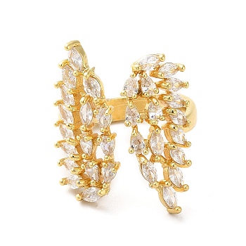 Cubic Zirconia Wing Open Cuff Rings, Golden Brass Jewelry for Women, Clear, Inner Diameter: 17mm