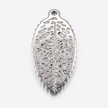 304 Stainless Steel Pendants, Leaf, Stainless Steel Color, 35x18x3mm, Hole: 2.5mm