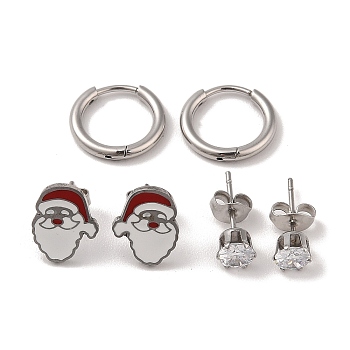 3 Pairs 3 Styles Christmas 304 Stainless Steel Hoop & Studs Earrings Set for Women, with Enamel & Cubic Zirconia, Stainless Steel Color, Santa Claus, 6~12x6~9.5mm, 1 pair/style