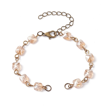 Square Faceted Glass Beaded Link Chain Bracelet Making, with Lobster Claw Clasp, Fit for Connector Charms, Pink, 6-1/4~6-3/8 inch(15.8~16.2cm)