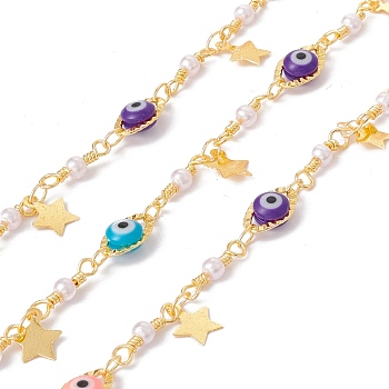 Handmade Eco-friendly Brass Star Charms Chain, with Glass Evil Eye & Imitation Pearl Beaded, Real 18K Gold Plated, Lead Free & Cadmium Free, Soldered, with Spool, Colorful, 10x6x4mm, 12x3mm