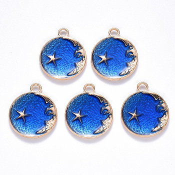 Alloy Enamel Pendants, Flat Round, Star & Moon, Light Gold, Light Blue, 25x21x2mm, Hole: 3mm