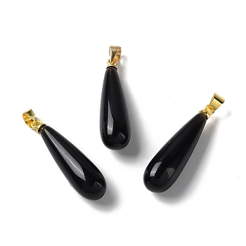 Natural Obsidian Teardrop Pendants, with Ion Plating(IP) Golden Plated Brass Findings, 26.5x7.5mm, Hole: 4.3x3.5mm