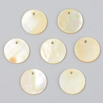 Natural Yellow Shell Charms, Flat Round, Light Khaki, 12.5x1mm, Hole: 1mm
