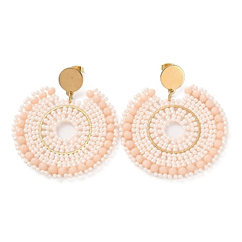 Woven Glass & Brass Beaded Flat Round Dangle Stud Earrings with Vacuum Plating 304 Stainless Steel Pins, PeachPuff, 55x51mm