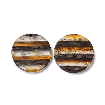 Transparent Resin & Walnut Wood Pendants, with Gold Foil, Flat Round Charm, Gold, 30x3.5mm, Hole: 2mm