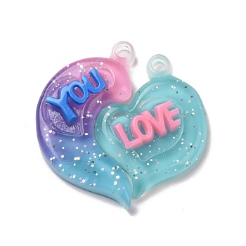 Gradient Color Translucent Resin Pendants, with Glitter Powder, Couple Heart Charm with Word LOVE YOU, Hot Pink, 39x38.5x5.5mm, Hole: 3.5mm, 2pcs/set