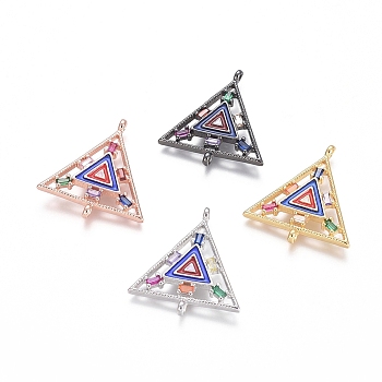 Brass Micro Pave Cubic Zirconia Links connectors, with Enamel, Triangle, Colorful, Mixed Color, 25.5x23x3mm, Hole: 1.2mm