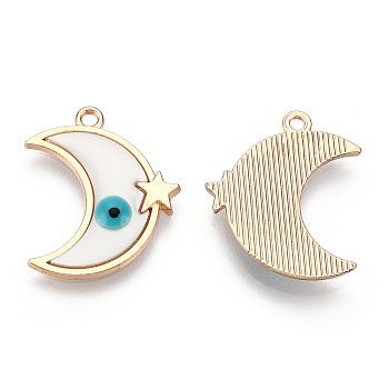 Rack Plating Alloy Resin Pendants, Evil Eye Moon Charms, with Enamel, Light Gold, Cadmium Free & Nickel Free & Lead Free, White, 25x20.5x3mm, Hole: 1.8mm
