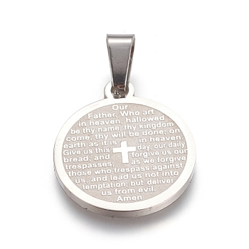304 Stainless Steel Pendants, Flat Round with Lord's Prayer Cross, Stainless Steel Color, 21x18x1.5mm, Hole: 6x4mm