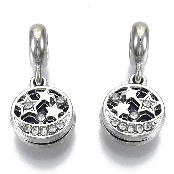 Alloy European Dangle Charms, with Crystal Rhinestone and  Enamel, Large Hole Pendants, FLat Round, Platinum, Prussian Blue, 24mm, Hole: 5mm, Flat Round: 14x12x2mm.