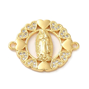 Religion Brass Pave Clear Cubic Zirconia Connector Charms, Virgin Mary Links, Real 16K Gold Plated, Flat Round, 19.5x24.5x3mm, Hole: 1.5mm