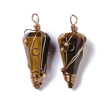 Natural Tiger Eye Copper Wire Wrapped Big Pendants, Faceted Cone Charms, Rose Gold, 50~50.5x16.5x18~19mm, Hole: 8x3.5~4mm
