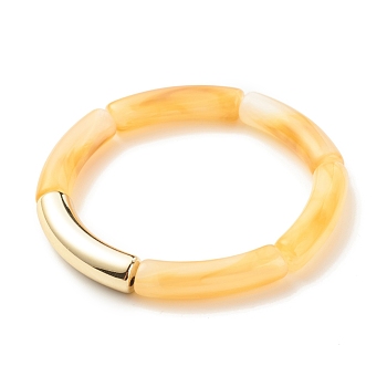 Imitation Gemstone Acrylic Curved Tube Beaded Stretch Bracelet, Chunky Bracelet for Women, Gold, Inner Diameter: 2-1/8 inch(5.3cm)