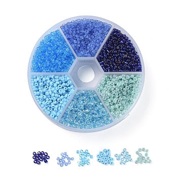 6 Colors 12/0 Glass Seed Beads, Silver Lined & Frosted Colors &  Transparent & Opaque Colours & Transparent Colours Rainbow & Ceylon, Round, Blue, 12/0, 2mm, Hole: 1mm, 60g/box, about 3960pcs/box