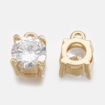 Cubic Zirconia Charms, Real 18K Gold Plated, with Brass Findings, Flat Round, Clear, 7.5x6x5mm, Hole: 1mm