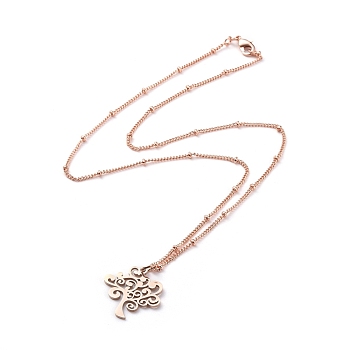 304 Stainless Steel Tree of Life Pendant Necklaces, with Brass Satellite Chains/Curb Chains, Rose Gold, 16.6 inch(42.3cm)